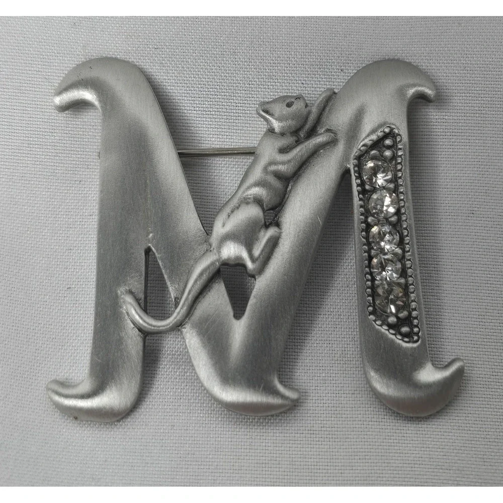Vtg Signed JJ JONETTE Silver Tone Pewter? INITIAL M‎  BROOCH w/Cat & Crystals